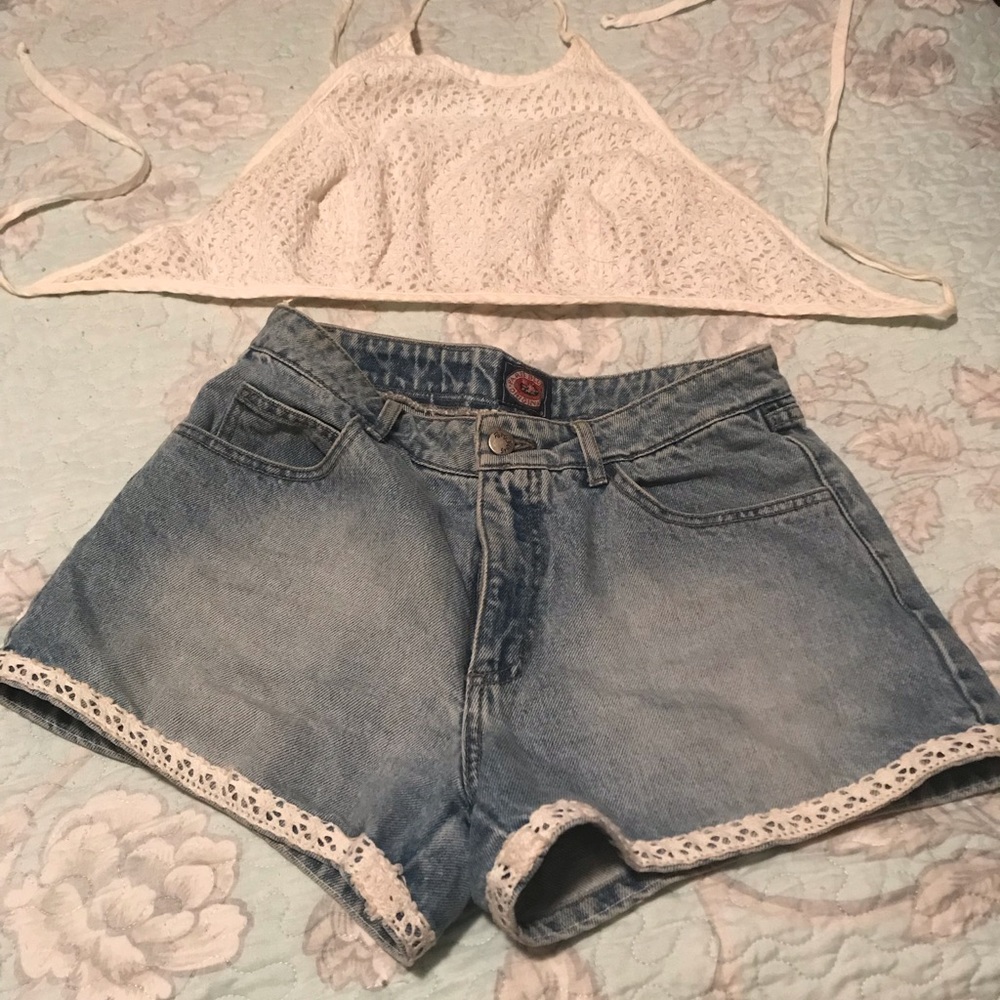 Paris Blues Halter Top & Embroidered Jean Shorts